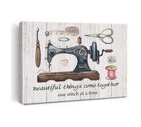 XGINERFEX “Beautiful Things Come Together” Sewing Quote Canvas Print, Retro Sewing Machine Art for Sewing Lover, Home Studio Wall Decor(Framed,16x24inch(40x60cm))