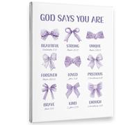 XGINERFEX Coquette Christian Wall Art with Purple Bow, Framed Canvas Print God Says You Are Bible Verse, Preppy Inspirational Decor for Girls Room(Framed,08x12inch(20x30cm))