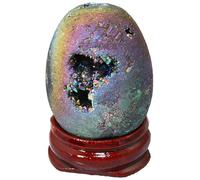 XGINERFEX Titanium Coated Agate Geode Crystal Sphere Ball with Wooden Stand, Rainbow Druzy Quartz Stone Gift Ornament,Color-40mmx30mm Gemstone Stone