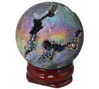 XGINERFEX Titanium Coated Agate Geode Crystal Sphere Ball with Wooden Stand, Rainbow Quartz Stone Gift Ornament,purple-40mm Gemstone Stone