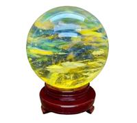 XGINERFEX Yellow Obsidian Ball with Wood Stand, Crystal Spher Melting Quartz Gemstone for Feng Shui Divination Sphere Home Decoration,12cm Gemstone Stone
