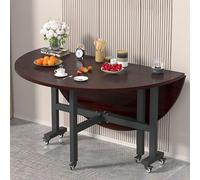 XGQXZWC Mesa de Comedor Redonda Plegable Móvil, Mesa de Comedor Extensible de Madera, Mesas Plegables con Alas Abatibles y 6 Ruedas, Estructura de Metal Resistente(Brown,150x76cm/59x30in)