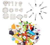 XHBTS 35 Escala miniaturas casa de muñecas Accesorios de Cocina Incluyen 12 Placas de muñeca Cuchillo Tenedor, 10 Botellas de Vino Copas de champán, 13 Taza de té para decoración de casa de muñecas