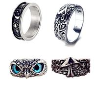 XHBTS 4 anillos de ojo de búho, anillo de mal de ojo, estrella de hongo, anillo místico de flores, estrella de la luna, anillo de declaración de sol, anillos abiertos de animales para hombres