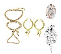XHBTS Adhesivo de serpiente y pendientes de serpiente, anillo ajustable con serpiente dorada y pulsera de cadena de esclavos, talla única, juego de joyas gótico para mujeres, niñas y adolescentes
