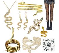 XHBTS - Juego de 10 joyas de serpiente, pulsera, aretes, anillo, pinza para el pelo, medias de red, calcomanías de tatuaje, gargantilla, collar para fiesta de Halloween, Metal, No es una piedra