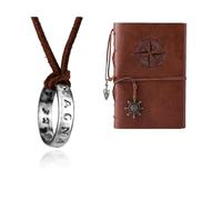 XHBTS Uncharted 4 Drake 20 pegatinas y collar con colgante de anillo grabado, cadena de cuero marrón y cuaderno de escritura de diario de viaje, cuaderno de notas vintage de piel sintética,(marrón)