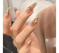 XHBYW 10 piezas de uñas postizas de lámina dorada de concha marrón claro, uñas postizas de cubierta completa para mujeres y niñas, decoración diaria