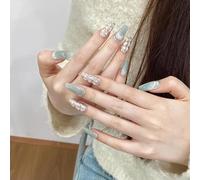 XHBYW 10 uñas postizas con diamantes de imitación verdes, uñas postizas de cobertura completa para mujeres y niñas, decoración diaria
