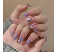 XHBYW Un Tamaño 24 Piezas Uñas Postizas con Brillo De Mariposa De Diamante Presione En Las Uñas Uñas Postizas De Cubierta Completa para Mujeres Y Niñas Decoración Diaria
