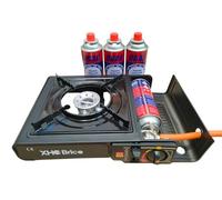 XHC BRICO - Cocina Portatil | Hornillo de camping gas | Estufa de gas portatil para camping | Doble uso, Dual | Apto para botellas de 227g y bombonas de butano (Hornillo + 4 Gases)
