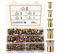 XhjzgcTech Juego de 400 tuercas de remache de cabeza plana, insertos de tuerca, juego surtido, acero al carbono, remaches SAE UNC, tuercas 5#, 8-32, 10-24, 1/4-20, 5/16-18