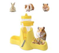 XHYASD Botella De Agua para Hámsters 80 ml Amarillo, Dispensador Automático 3 en 1 con Doble Cuenco y Soporte, Sin Fugas para Hámsters, Conejos, Cobayas y Chinchillas