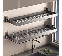 XIAGJAO Escurreplatos colgante, escurridor de platos de 2 niveles sobre el fregadero, estante de secado de platos de acero inoxidable montado en la pared con placa de drenaje y jaula colgante para