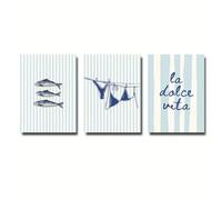 XIANGPEIFBH 3 piezas La Dolce Vita Sardinas Bikini Rayas Azules Lienzo Impreso Póster Decoración Costera Moderna Arte de Pared Verano Póster para el Hogar (20x30cm/8x12in) x3 Sin marco