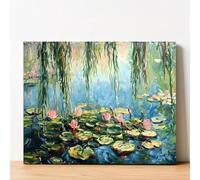 XIANGPEIFBH Lienzo decorativo de Monet Nenúfares: pintura impresionista resistente al agua con flores rosas, hojas verdes y agua azul 50x70cm(20x28inch) Sin marco