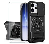 Xiangyun Funda para OPPO Reno15 F 5G / Reno15 FS 5G con Cristal Templado, Carcasa Protectora Militar Resistente a Los Golpes con Cubierta Deslizante para la Cámara y Soporte Metálico de 360° - Negro