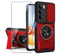 Xiangyun Funda para Realme C71 4G (6.67") con Cristal Templado, Carcasa Protectora Militar Resistente a Los Golpes con Cubierta Deslizante para la Cámara y Soporte Metálico de 360° - Rojo