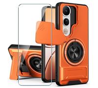 Xiangyun Funda para Vivo V50 Lite 4G/5G (6.77") con Cristal Templado, Carcasa Protectora Militar Resistente a Los Golpes con Cubierta Deslizante para la Cámara y Soporte Metálico de 360° - Naranja