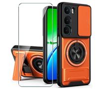 Xiangyun Funda para Vivo Y31 5G (6.72") con Cristal Templado, Carcasa Protectora Militar Resistente a Los Golpes con Cubierta Deslizante para la Cámara y Soporte Metálico de 360° - Naranja