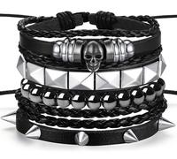 XIANNVXI 4 pulseras góticas punk para hombres y mujeres de los años 80, pulsera de cuero grunge, ajustable, joyería gótica vikinga, accesorios de Halloween, Cuero