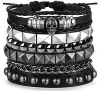 XIANNVXI 4 pulseras góticas punk para hombres y mujeres de los años 80, pulsera de cuero grunge, ajustable, joyería gótica vikinga, accesorios de Halloween, Cuero