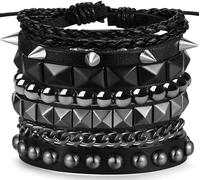 XIANNVXI 4 pulseras góticas punk para hombres y mujeres de los años 80, pulsera de cuero grunge, ajustable, joyería gótica vikinga, accesorios de Halloween, 6.8-7.4 inches, Cuero