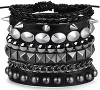 XIANNVXI 4 pulseras góticas punk para hombres y mujeres de los años 80, pulsera de cuero grunge, ajustable, joyería gótica vikinga, accesorios de Halloween, Cuero