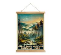 XIAOAIKA Póster de viaje vintage del parque nacional de las grandes montañas ahumadas con marco de madera para sala de estar, dormitorio, hogar, oficina, arte retro para decoración de pared, 50,8 x