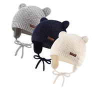 XIAOHAWANG Gorro de Punto Suave con Orejeras para bebé, Gorro de Punto, Lindo Oso para niña, otoño e Invierno, 3 Piezas-B, 0-6 Meses