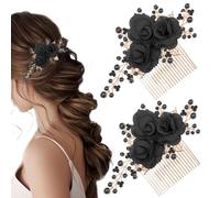 Xiaohui887 - Peine para el pelo (2 unidades, con forma de flor, rosa, negro, pedrería, perla, vintage, decoración para niñas, accesorios para el cabello, accesorios de cabello
