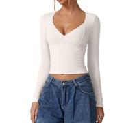 XIAOKS Women's Long Sleeve V Neck T Shirts Double Lined Crop Top Seamed Cup Going out Tops(White,S)