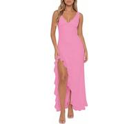 Xiaoliny Vestidos de Fiesta Mujer Elegantes Sin Mangas Cuello V Vestido Largo con Volantes y Abertura Vestido de Malla Verano Sexy Sin Espalda Ajustado Maxi Vestidos de Boda Invitada Cóctel Noche