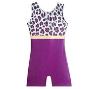 XiaoMoSha Chica Leotardo Gimnasia sin mangas Cintas coloridas y adornos brillantes para niños niña leotardo de baile clásico gimnasio para niños de 3 a 14 años, Leopardo púrpura, 9-10 Años