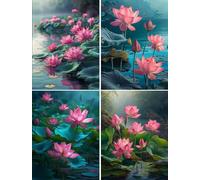 Xiaonu 15x20cm 4 Piezas Diamond Painting Kits Completo, Flores Diamond Art Puzzle Diamantes Painting, Cuadro Diamante flores de loto, Trabajos Manuales Adultos Decoración De Pared Del Hogar y Regalo