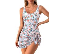 XIAOQENAN Traje de baño de 1 pieza con estampado floral para mujer, traje de baño con control de abdomen, falda sin mangas, ropa de playa