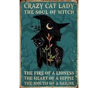 XIAOQIU Cartel de estaño vintage con diseño de gato loco y el alma de la bruja, regalo de Halloween, póster de metal para interiores y exteriores, hogar, bar, café, cocina, decoración de pared