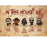 XIAOQIU Letrero de metal con texto en inglés "In This House We Love Family Dream Big Like Scary Movie Play Game and Love Friday Bar,Club", 20,3 x 30,5 cm