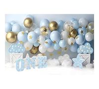 Xiaoterna 2,5x1,8m Fondo Feliz Cumpleaños Fondo Fotografico Cumpleaños Un Año Globos Azules Blancos Fondo Nube Estrellas Niños Adultos Retrato Atrezzo para sesión de Fotos Decoración