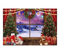 Xiaoterna 2,7x1,8m Fondo Fotográfico Feliz Navidad Escena de Nieve de Invierno Bosque Telón de Fondo Ventana de Madera Interior y Exterior Pueblo Telón de Fondo Árbol de Navidad Regalos Decoración