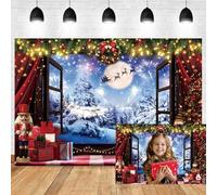 Xiaoterna 4,5x2,5m Fondo navideño Escena Invernal Nevada Vista Desde la Ventana Fondo fotográfico Bosque Invernal Muñeco de Nieve Papá Noel Renos Trineo Decoración para la Fiesta de Año Nuevo