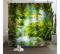 Xiaoterna Cortina de Baño Bosque Fantástico de Cuento de Hadas Cortina de Baño Primavera Bosque Encantado Verde Cortina de Ducha Peces de Hierba Tejido Impermeable Lavable a máquina 240x180cm