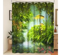 Xiaoterna Cortina de Baño Bosque Fantástico de Cuento de Hadas Cortina de Baño Primavera Bosque Encantado Verde Cortina de Ducha Peces de Hierba Tejido Impermeable Lavable a máquina 180x200cm
