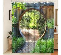 Xiaoterna Cortina De Baño Jardín Japonés 3D Bosque De Primavera Cortina De Baño Paisajes Naturales Círculo Puerta De Madera Rústica Planta Verde Sol A Prueba De Moho 180x200cm Color Green-68