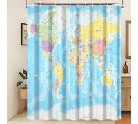 Xiaoterna Cortina de Baño Mapamundi Cortina de Baño Continentes del Océano Azul Cortina de Baño Mapa del Mundo Cortina de Ducha Educativa de Geografía Tejido Impermeable Lavable a máquina 200x180cm