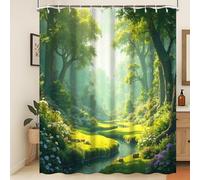 Xiaoterna Cortina de Baño Planta Floral Cortina de Baño Verde Primavera Naturaleza Bosque Cortina de Baño Impermeable Árboles Altos Verdes Floración Río Corriente Naturaleza 180x240cm