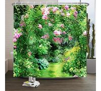 Xiaoterna Cortina de Baño Primavera de Bosque Encantado Verde y Jardín de Flores Rosa - Tejido Impermeable Lavable a Máquina 180x200cm