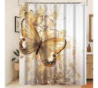 Xiaoterna Cortina de Ducha de Oro 3D Dios Mariposa Flores Cortina de Baño Acuarela Mariposa Flor de Oro Repelente al Agua Tela Cortina de Ducha Lavable Impresión Digital Decoración 180x180cm