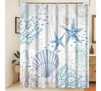Xiaoterna Verano Vida Marina Cortina de Ducha Blanca Costa Náutica Retro Estrella de Mar Concha Coral Caballito de Mar Cortina de Baño Impermeable Flora y Fauna Submarina Decoración 120x200cm