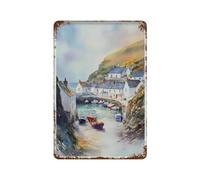 xiaoxiaoshen Port Isaac Maíz Viaje Paisaje Costa Regalo Ar_3 Decoración de pared Arte Metal Estaño Póster Moderno Decoración del Hogar Arte Bar Tienda Decoración Vintage Cartel 30 x 20 cm